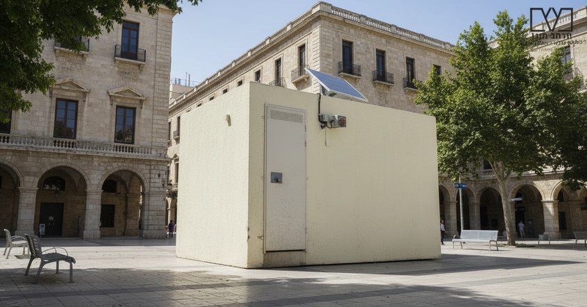 A precast concrete civil protection shelter installed in a European urban square next to a school